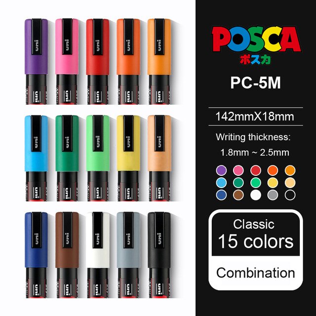 Uni POSCA PC-1M / 3M / 5M Pop Poster Werbung Stift auf wasserbasis Marker Stift Anfänger Malerei färbung Spezielle Marker Kuli-einstellen: PC-5M 15Farben