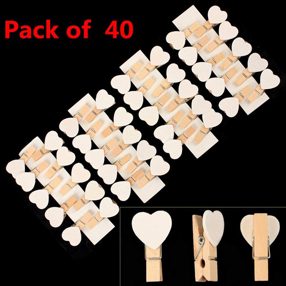 40Pcs Liefde Hart Mini Houten Photo Paper Clips Pinnen Voor Foto 'S Wedding Decor Craft-Wit