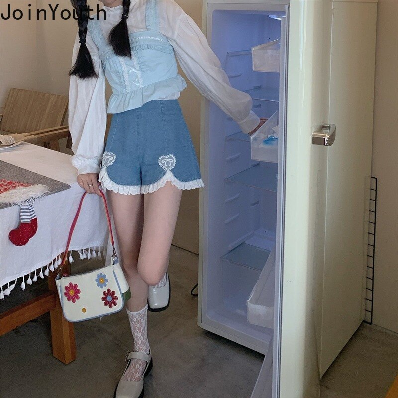 Joinyouth pantalones cortos pijo Coreano corazón Kawaii de Jean Pantalón corto de pierna ancha dulce estudiante japonés High Waisted Shorts pantalones cortos de mezclilla de las mujeres
