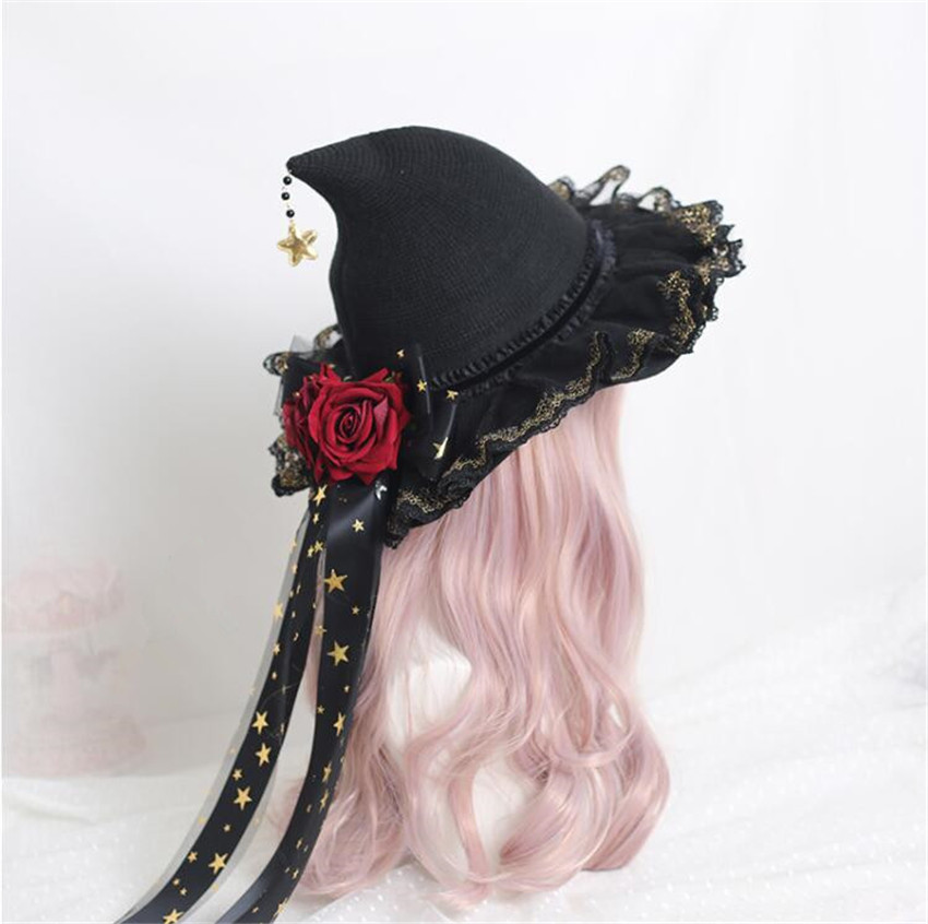 Chapeaux de sorcière magnifiques, mascarade Rose, nœud de fleur, chapeau de magicien gothique Lolita Halloween, accessoires de Costume Cosplay D983