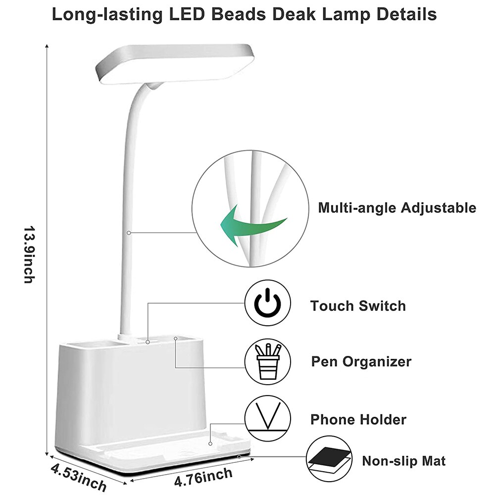 LED Desk Lamp with Penholder Eye Protection Reading Desk Lamp Rechargeable Flexible Gooseneck Bedside Lamp Indoor Lighting
