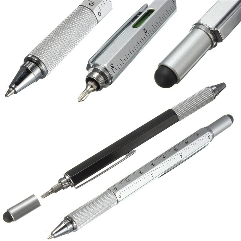 1 stks/partij Gereedschap Balpen Schroevendraaier Heerser Waterpas met een top en schaal multifunctionele 6 in 1 metalen pen
