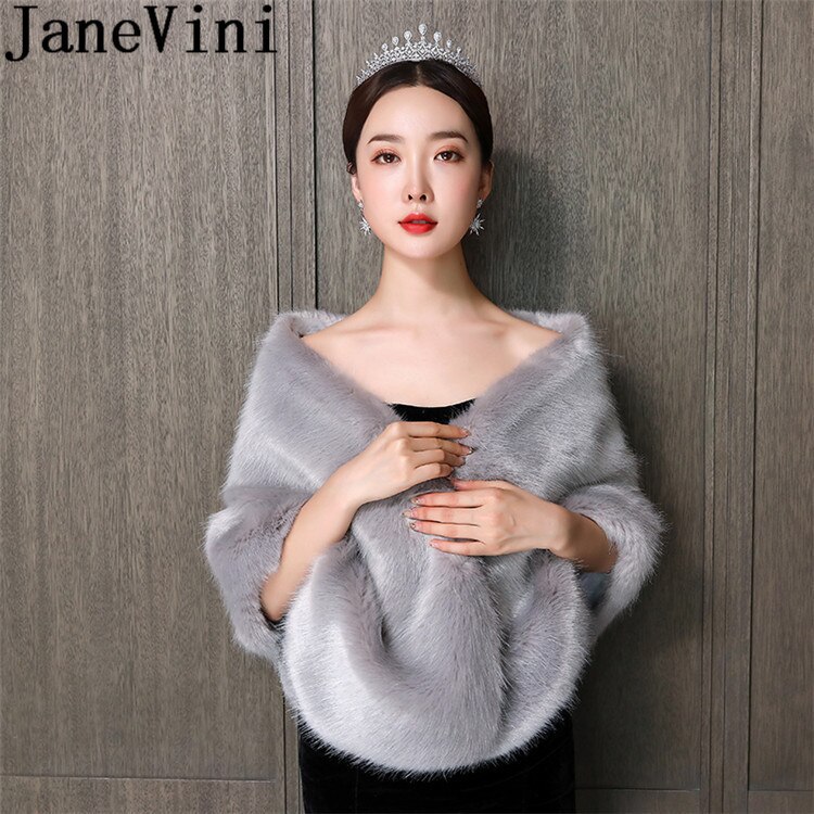 JaneVini Gray Fur Bridal Cape Women Bolero Femme Winter Wedding Dress Shrugs Shoulder Wraps Bride Faux Fur Shawls Stoles