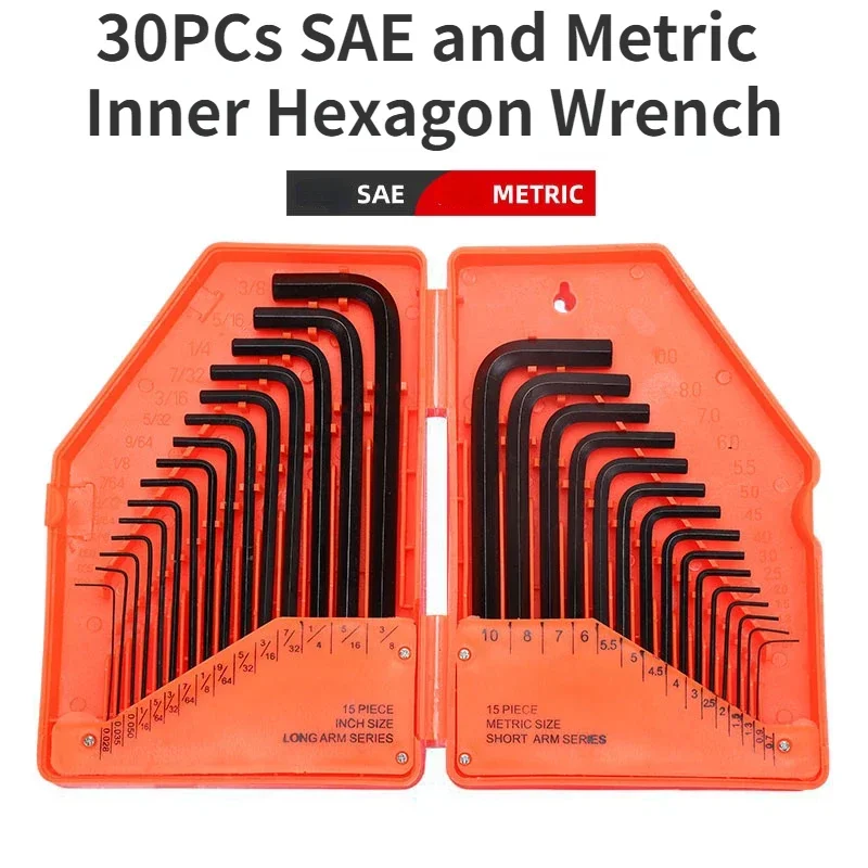 30PCs Hex Key Wrench Set, Metric and SAE Allen Wrenches (0.028-3/8 Inch, 0.7-10 Mm) L Shape Allen Keys,High Hardness Steel: Orange