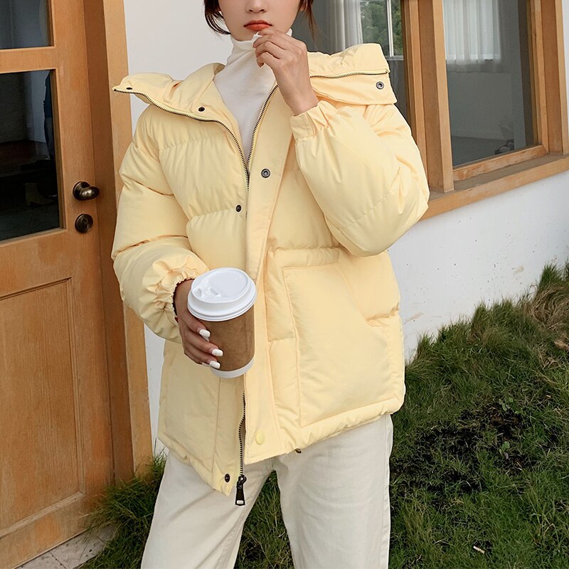 Warme winterjas dames zwarte parka zoete preppy stijl dikke losse korte katoenen gewatteerde jassen dames herfstjas: Geel / M