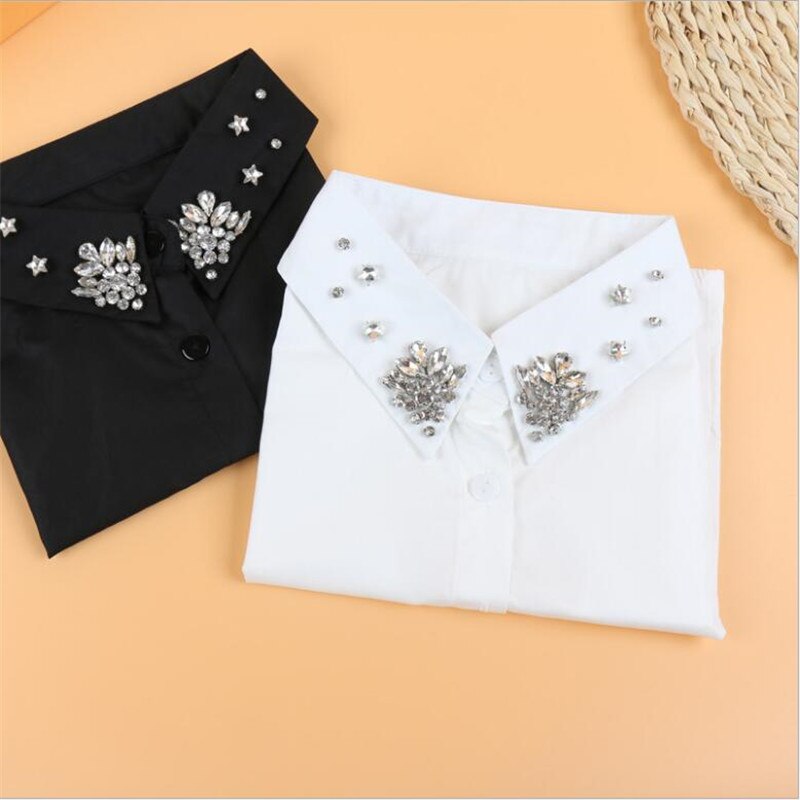 Women Rhinestone Collar White Cotton Crystal Beading Collars Bib Detachable Shirt Collars for woman's sweater girls