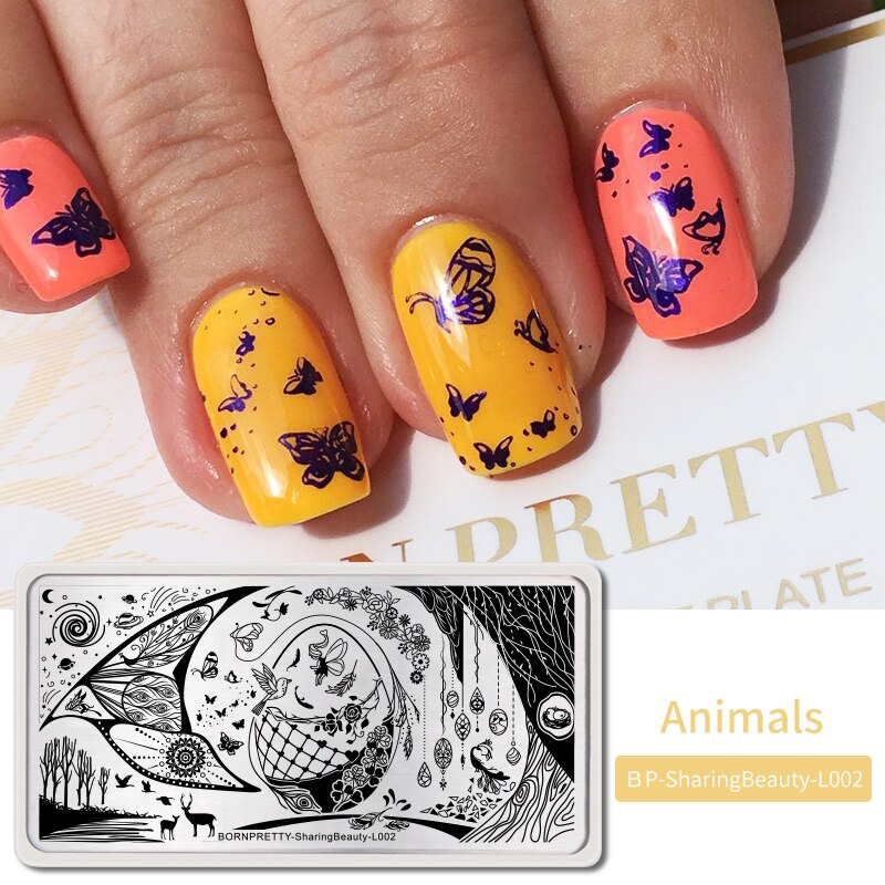 BORN PRETTY-placas para estampación, plantillas de estampado con motivos de animales bonitos, mariposas, manicura rectangular, impresión DIY de placas para uñas