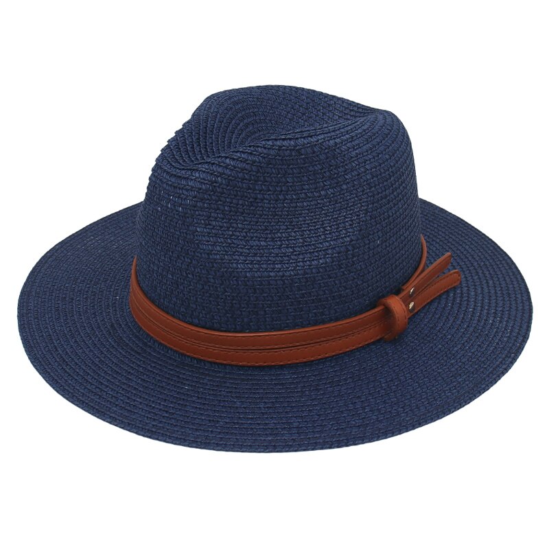 Chapeau d'été en paille pour femmes et hommes, à large bord, solide, Panama, pour la plage, décontracté, fait à la main, Protection UV: navy blue