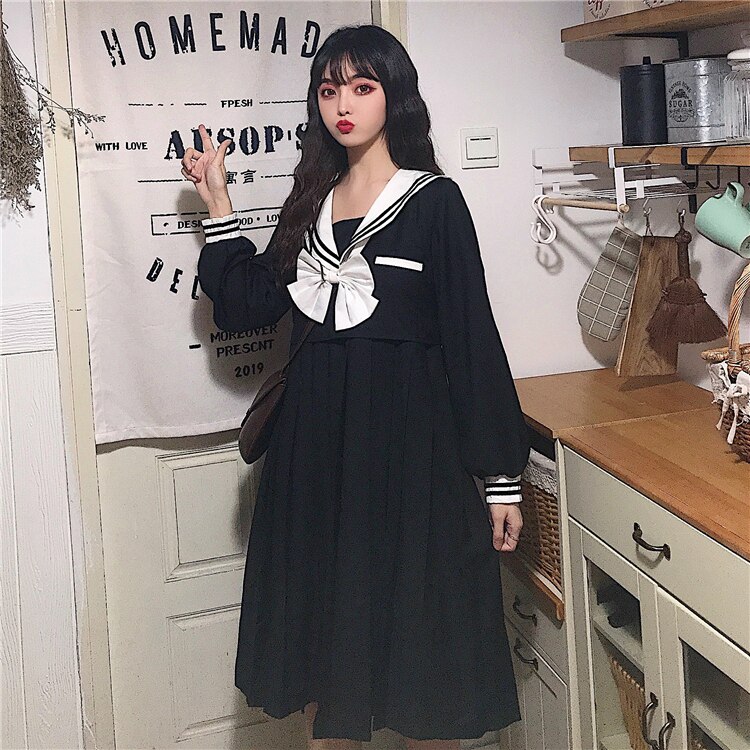 Japanse Stijl Zoete En Mooie Boog Matroos Kraag Lange Mouwen Jurk R Mid-Lengte Zwarte Rok Vrouwen &#39;S Herfst School Meisje