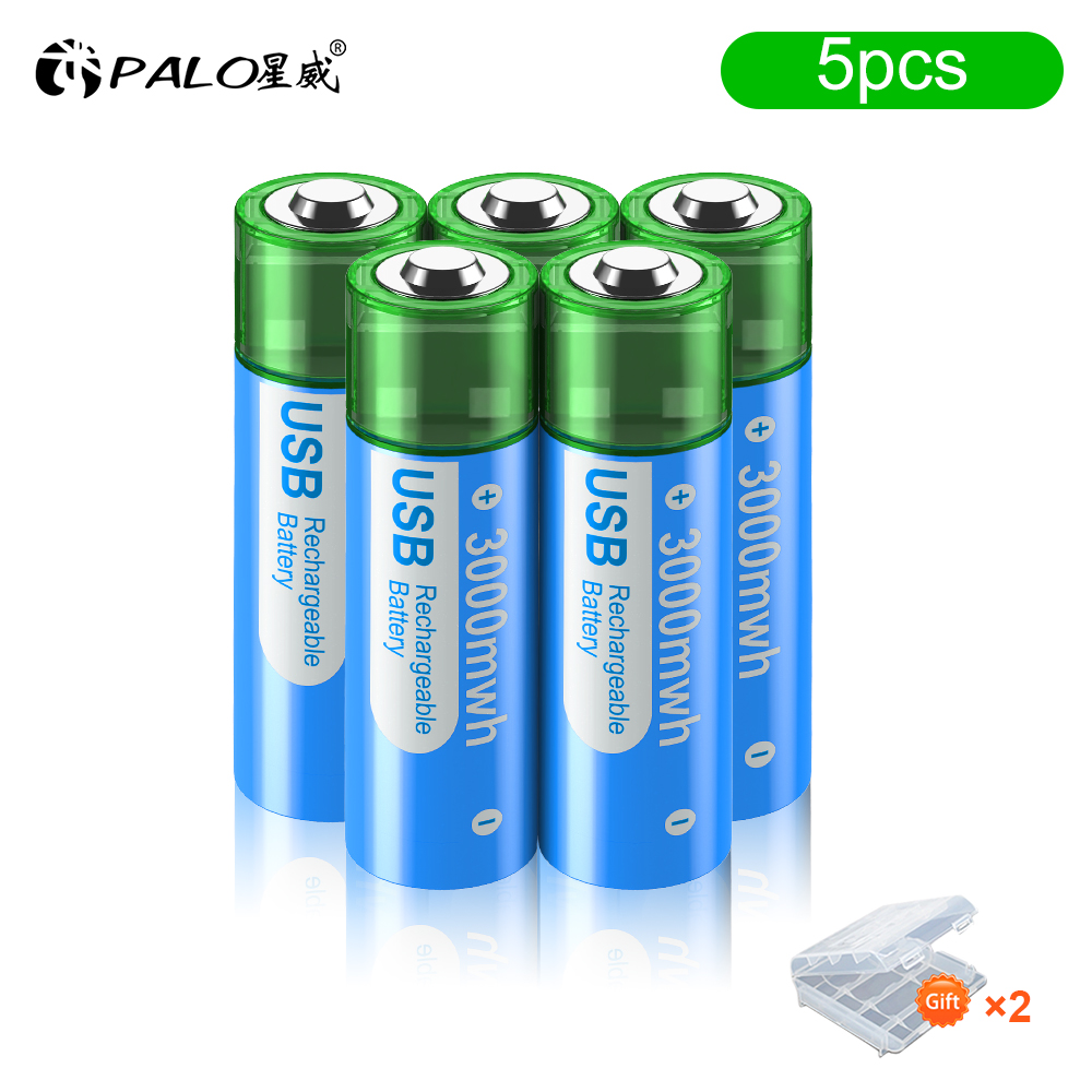 PALO 3000mWh 1.5V AA Li-ion battery HR6 AA USB Rechargeable Lithium batteries 2A AA USB Port Charging Battery With Battery Box: Red