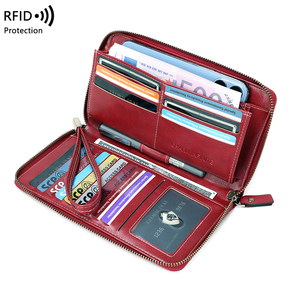 RFID anti-diefstal borstel portemonnee voor dames, meerdere sleuven, vintage, grote capaciteit, multifunctionele, stijlvolle clutch met polsband: Bordeaux