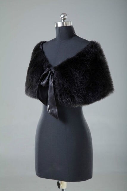 Zwarte Faux Fur Bruids Bolero Bruiloft Cape Jas Sjaal Party Strik Wrap Stloe Bolero