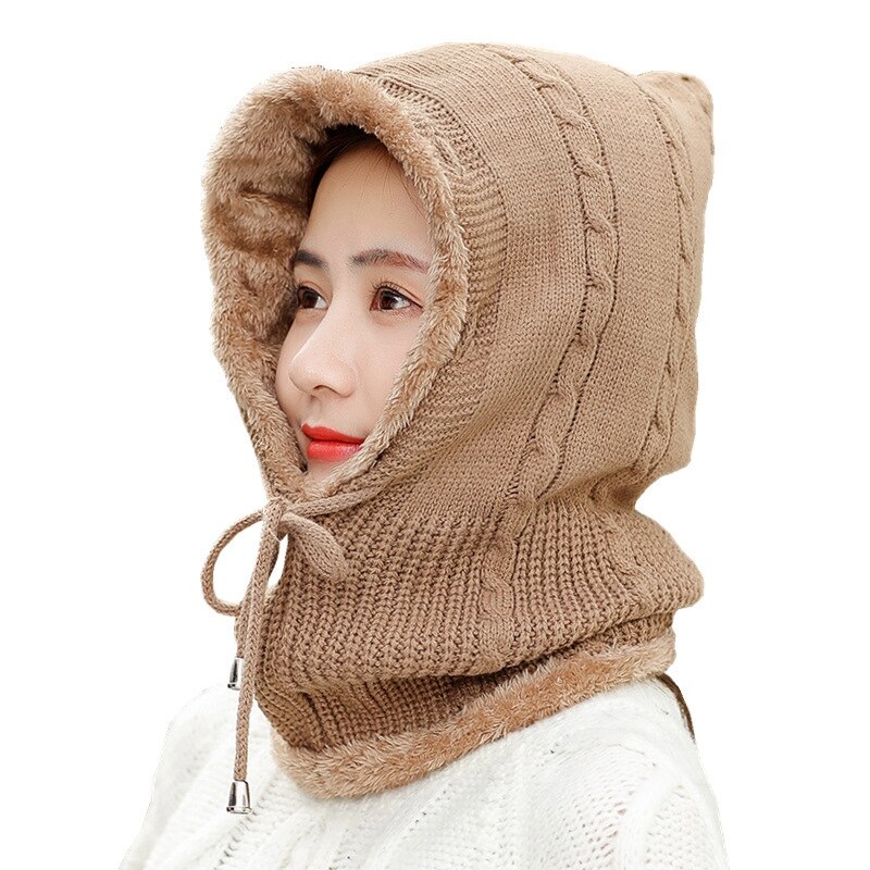 Muts sjaal capuchon dames winter plus fluweel verdikt fiets all-in-one warme gebreide wollen muts: Default Title