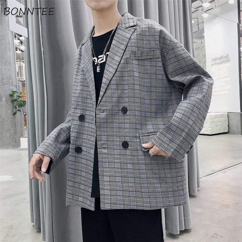 Blazers homens xadrez cinza estilo coreano adolescentes moda casual casacos solto chique all-match streetwear retro outwear estudantes novo macio