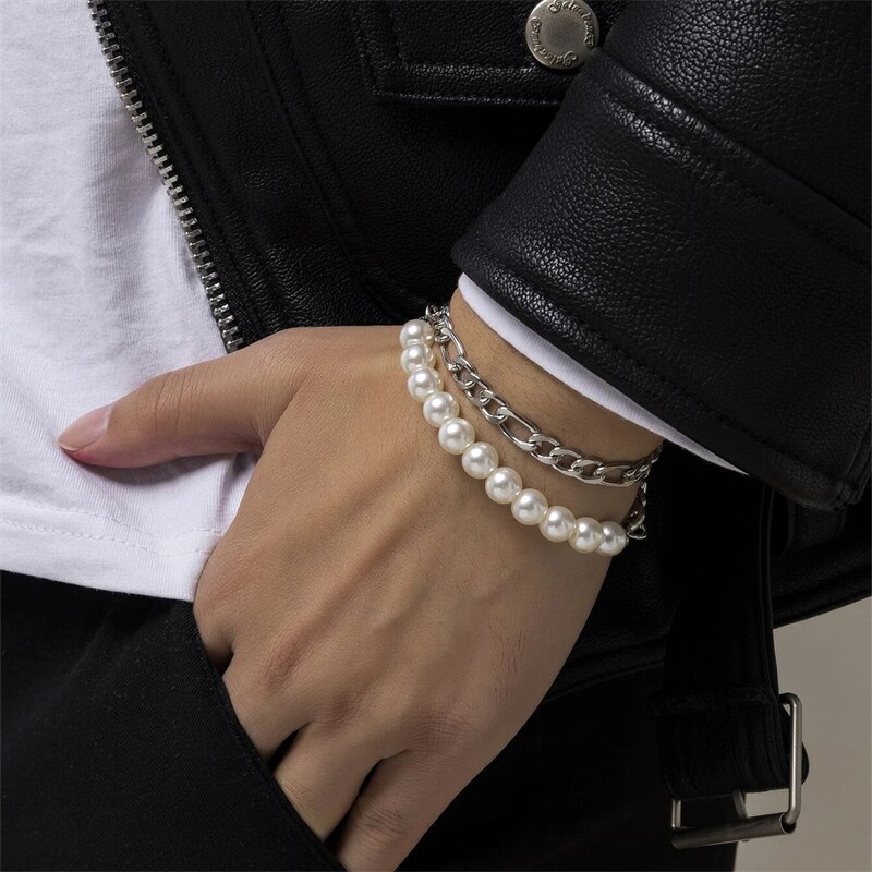 2 Packs Van Eenvoudige Trendy Stijl Exquisite Mannen Parel Armbanden Creatieve Splicing Ketting Armbanden Mannen Sieraden Beste Cadeau