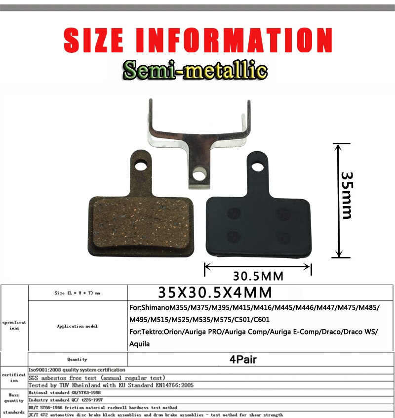 4 par e-cykel cykel skive bremseklodser til shimano  m355 m375 m395 m415 m445 m446 m447 m475 m495 m525 semi-metallisk tilbehør