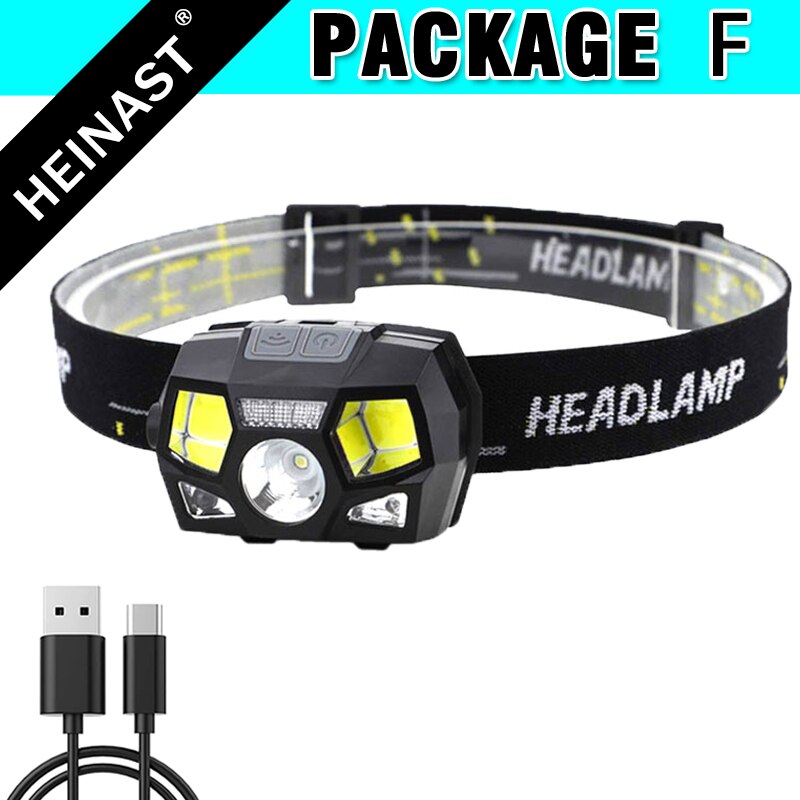COB LED Headlamp USB Rechargeable Head Lamp with Built-in Battery Motion Sensor Inductive Headlight Multi-Mode Camping Light: F Packing