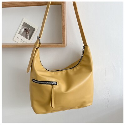 2021Solid Color PU Leather Female Tote Handbag Lady's Shoulder Large Bags Brand Women‘s Casual Zipper Bag: Yellow