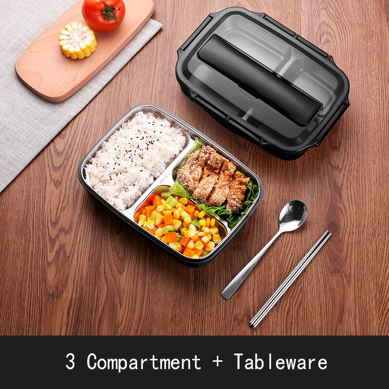 Stainless Steel Thermal Lunch Box Containers with Compartments Leakproof Bento Box Food Container Picnic Office School Lunchbox: 3 Grid Black