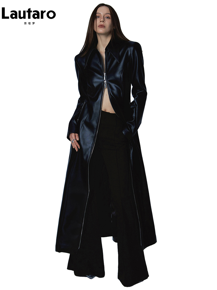 Lautaro primavera autunno Extra lungo di lusso nero morbido soprabito in pelle Pu per le donne con cerniera Cool Runway moda europea 2023