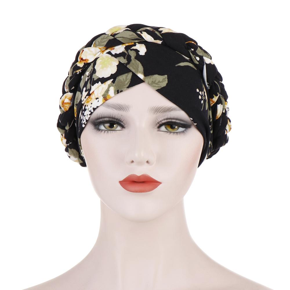 Bohemia Printed leopard cotton turban cap braid muslim head turbans for women pearls headscarf bonnet islamic inner hijabs caps
