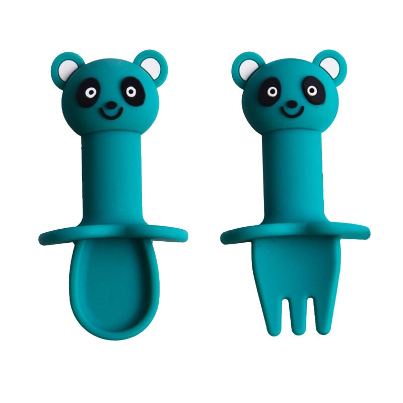 2Pcs/Set Cartoon Pattern Spoon Fork Set Detachable Safe Silicone Infant Feeding Children Tableware Utensil Heat-Resistant Spoon: Panda blue