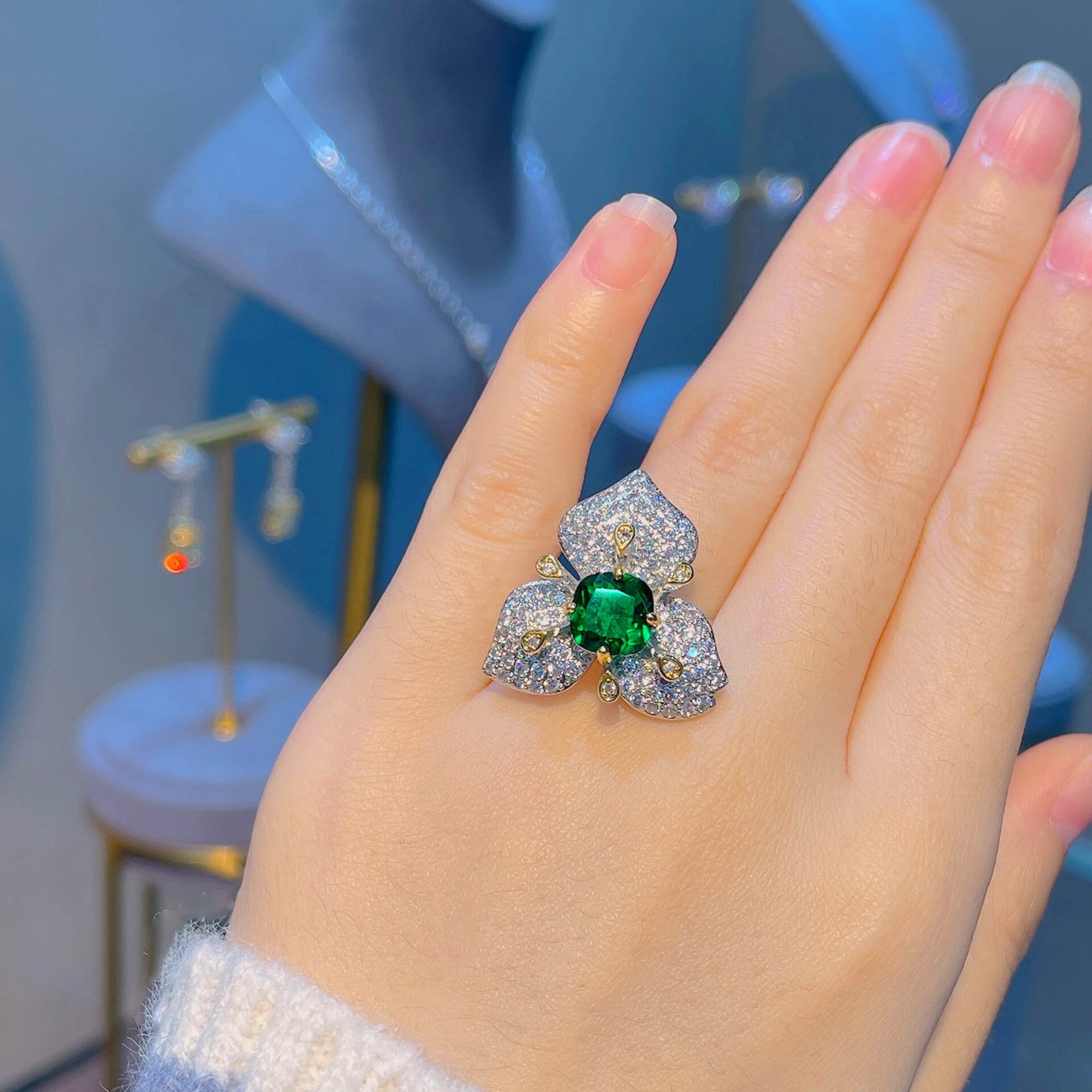 2022 Trendy Silver Color Jewelry Sets Flower Petal Crystal Stud Earrings Ring Popular Birthday: Green Ring