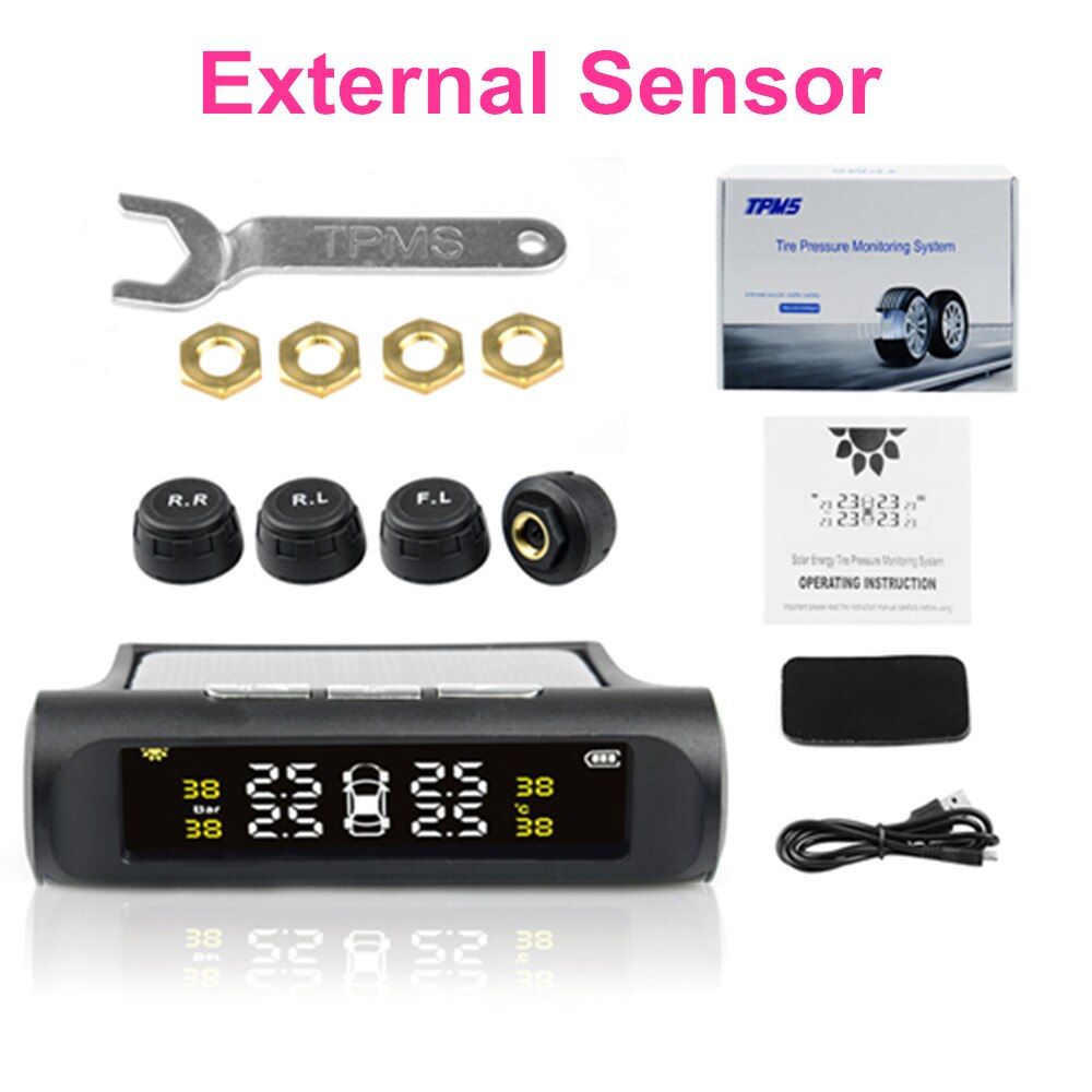 External / Internal Solar Power TPMS Car Tire Pressure Monitoring System LCD 4 Sensors for CARs Temperature Warning CAR Safety: 4PCS External Sensor