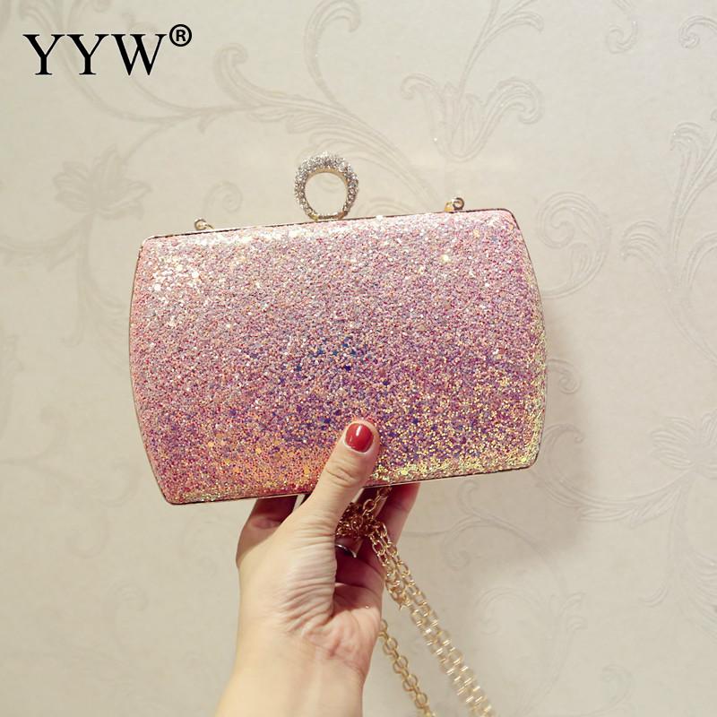 Vrouwen Wit Pailletten Keten Handtas Sparkling Party Vinger Ring Avond Envelop Clutch Bag Hard Wallet Tote Purse