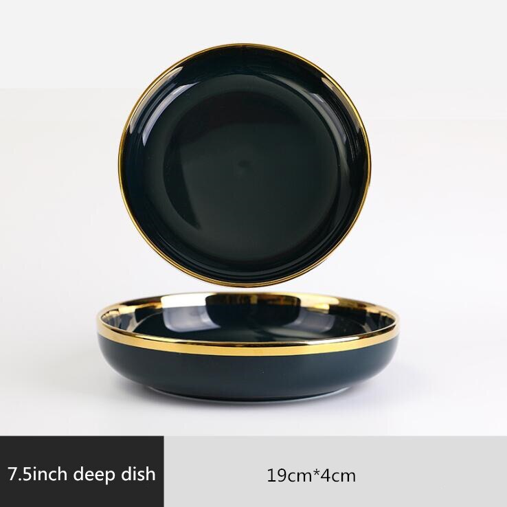 Gilt Rim Dark green Plate Steak Food Nordic Style Tableware Bowl Ins Dinner Dish High End Porcelain Dinnerware Set: 7.5 inch deep dish