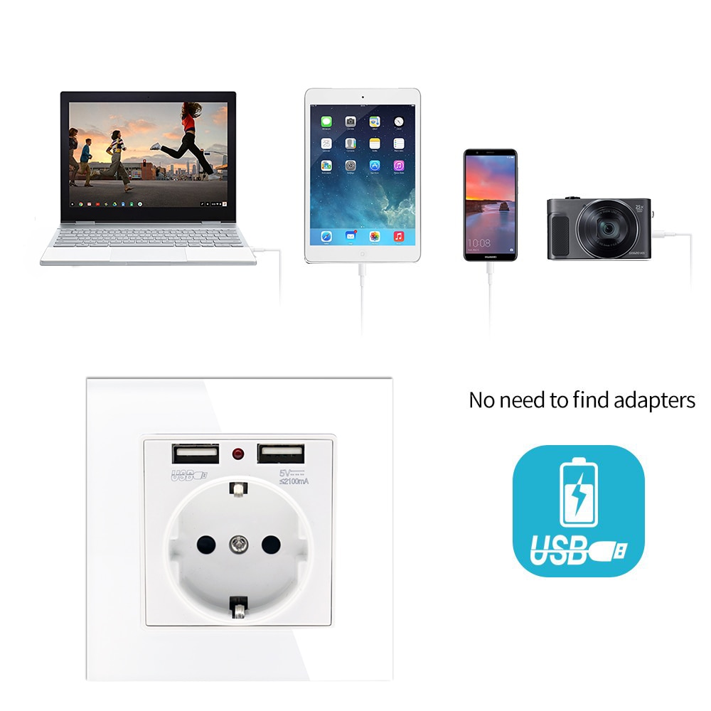 86*86mm Glass Panel EU Stopcontact met 2.1A 2 USB Poorten Opladen, 16A 2100mA Elektrische Stopcontact