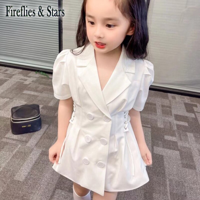 Costume d&#39;été pour filles, veste pour bébé, manteau, Blazer blanc, vêtements pour enfants, laçage à la taille, manches fines et douces plissées, pour enfants de 2 à 8 ans