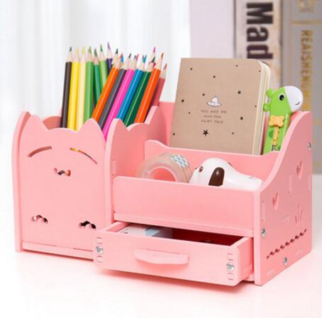 Multi-Functionele Penhouder Studenten Leuke Desktop Hout Accessoires Briefpapier Vaten Opslag Houten Doos Bureau Pen Potlood Organisator: Roze