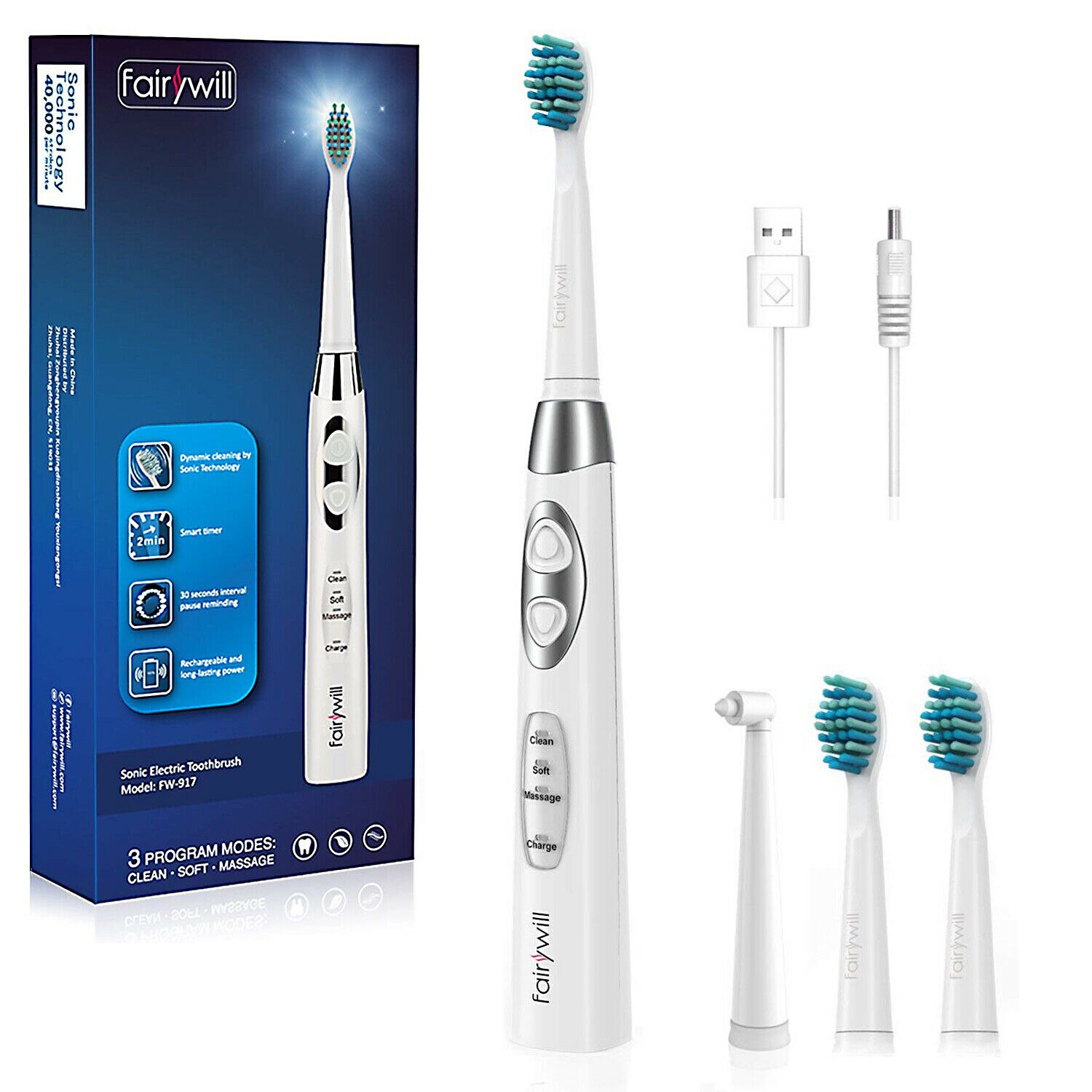 Fairywill Electric Sonic Rechargeable FW-917 Toothbrush USB Fast Charge Waterproof Electronic Tooth Replacement 3 Heads For Adu: White