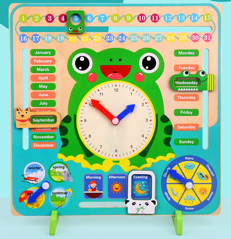 Multifunctional 3D Stand Wood Colorful Weather Calendar Cartoon Clock Frog Animal Four Seasons Time Early Home Educational Toys