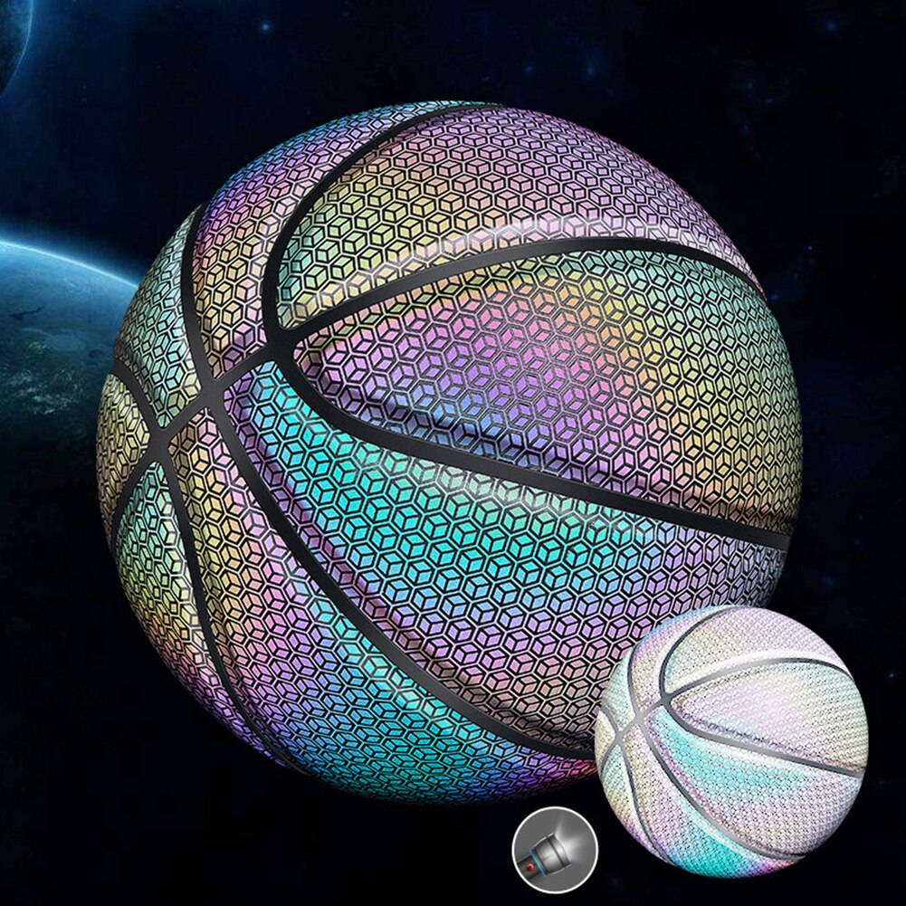 Palla da basket luminosa sfera Flash illuminata riflettente olografica PU gioco di sport notturni di pallacanestro incandescente resistente all&#39;usura