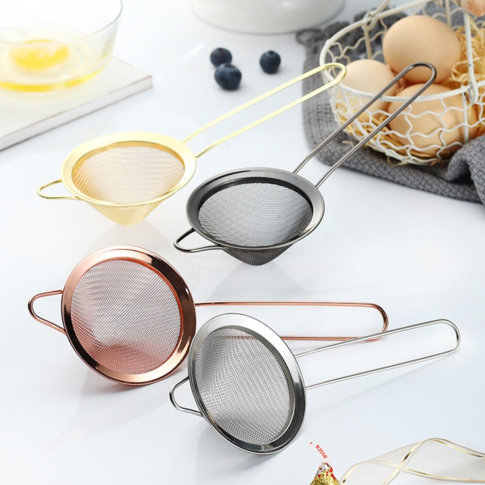 Stainless Steel Kitchen Handheld Screen Mesh Strainer Rose Gold Flour Sieve Cooking Oil Strainer Colander Kitchen Accessories