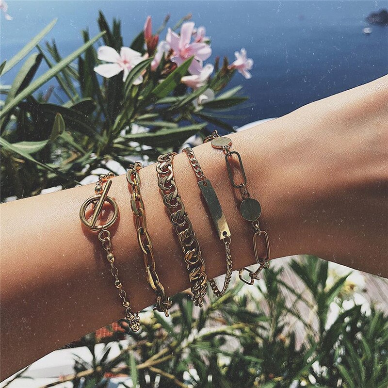 Nykøb 5 stk/sæt vintage sølvfarvede boheme armbånd wave geometrisk charme armbånd til kvinder fest smykker: 30082
