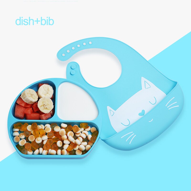 Xcqgh Food Grade Silicone Baby Kinderen Servies Schotel Vork Lepel Bib Set Babyvoeding Producten Plaat: blue dish bib