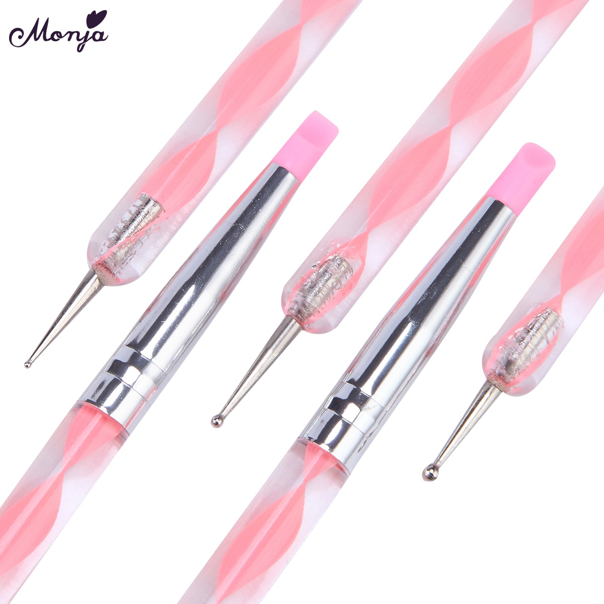 Monja 5 Stks/set Dubbele Hoofd Manicure Borstel Acryl Gel Graveren Pen Strass Kralen Decoratieve Delicate Nail Art Gereedschap
