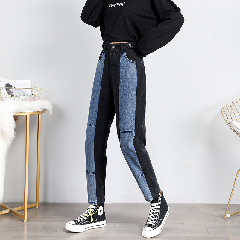 Mujer Jeans tobillo-longitud Patchwork Color-Bloque de alta cintura botón Harem Pantalones mujer suelta Denim Pantalones S-5XL