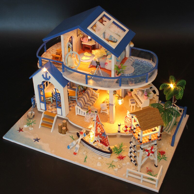 Miniatura Holz Puppenhaus DIY Mini Villa modell Möbel Miniaturas Puppenhaus Spielzeug für freundlicher Legende Der Blau Meer