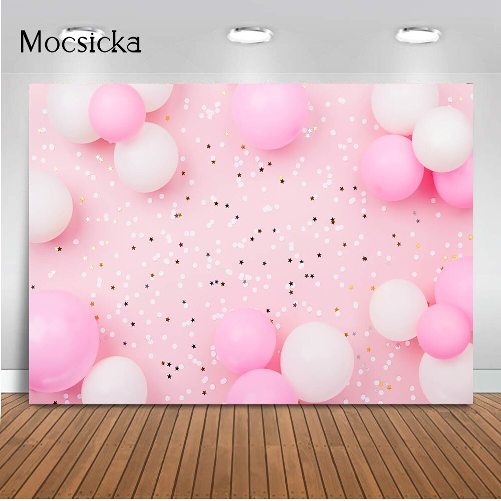 Różowe balony i konfetti dziewczyny noworodka 1 urodziny dziecko ciasto Samsh tło nowonarodzone dzieci portret zdjęcie tło Banner