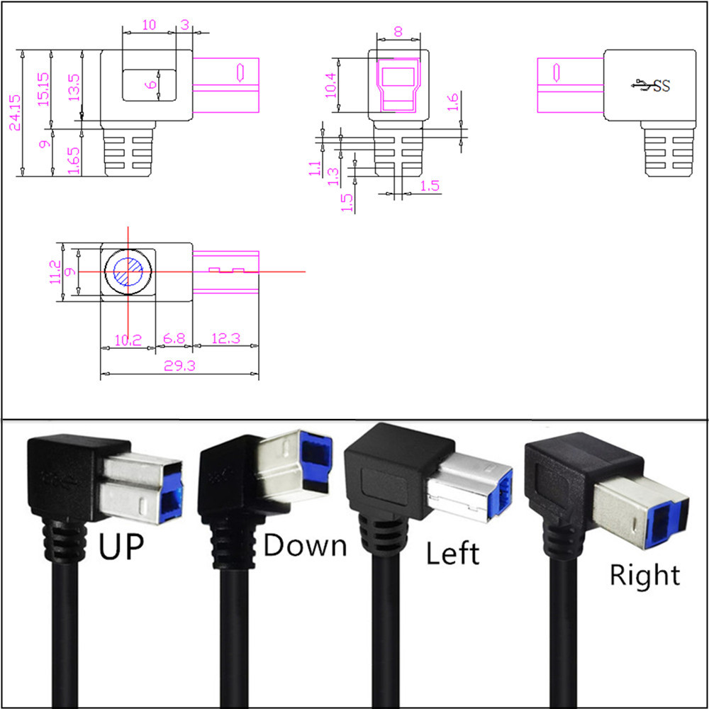 USB 3.0 USB Male To USB-B 3.0 90 Degree Up Down Left Right Angeld Type B Replacement Data Hard Disk Cartridge Printer Cable 0.5m