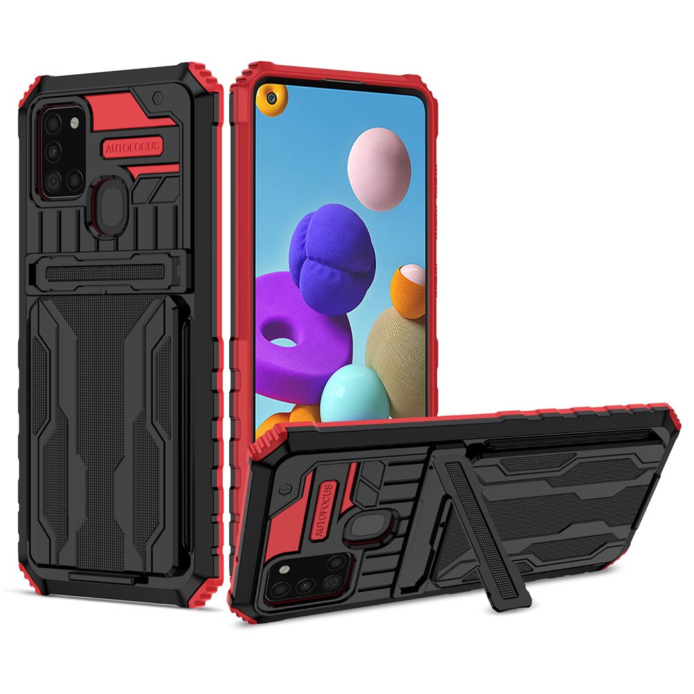 Voor Galaxy A21S Case Voor Samsung A21S Card Armor Coque Stand Holder Shockproof Bescherming Telefoon Terug Beschermhoes SM-A217F: For Galaxy M02 / Red