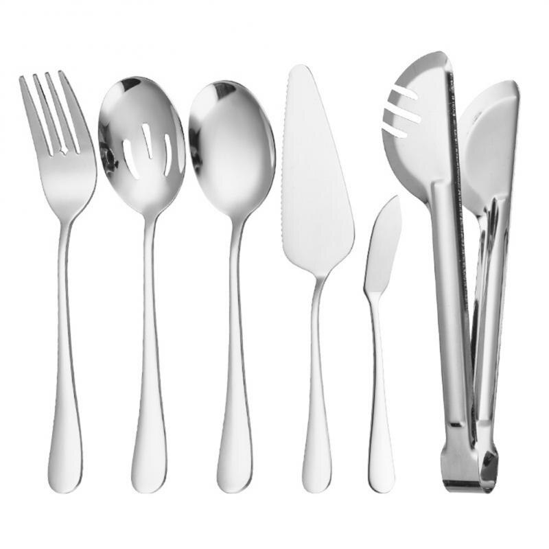 Cutlery Set Stainless Steel Food Tongs Meal Spoon Slotted Spoon Soup Spoon Dessert Fork Shovel Food Tongs Colander: 6pcs silver