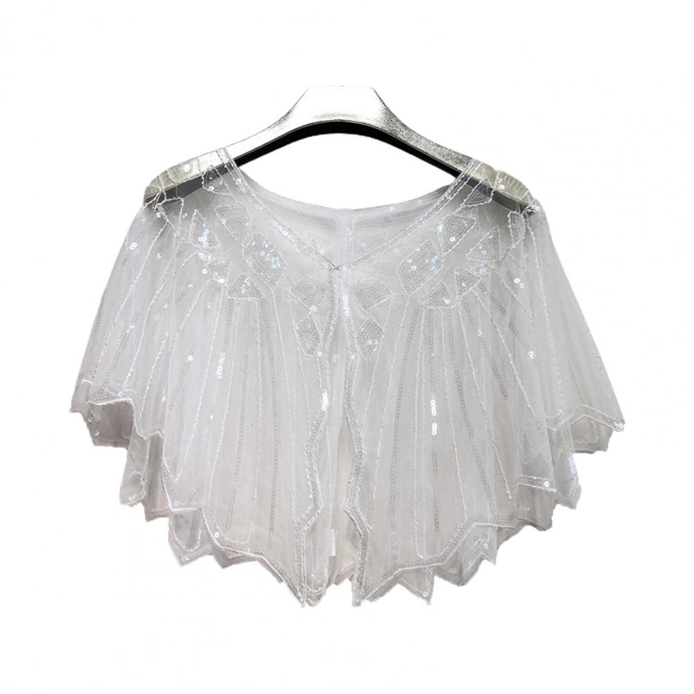 Scalloped High Beaded Sequin Short Top Women Cape See-through Women Shawl Decorative Women Accessories: White