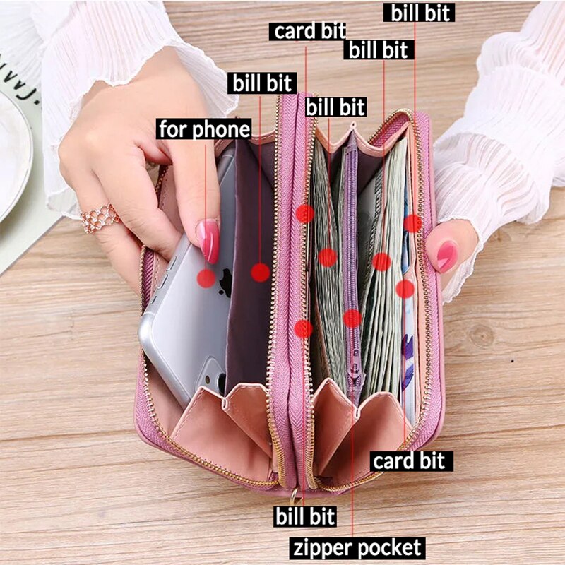 Podwójny długi portfel z zamkiem dla kobiet duża pojemność wysokiej jakości Pu skórzane portfele saszetka typu Clutch torebka Carteras Para Mujer