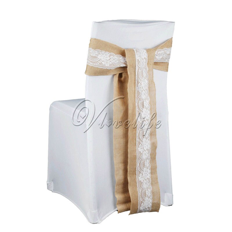 6 ''  x 94 '' handgemaakte jute jute kant stoel strik stoel sjerp feest bruids babyshower rustiek bruiloft decor: Veter