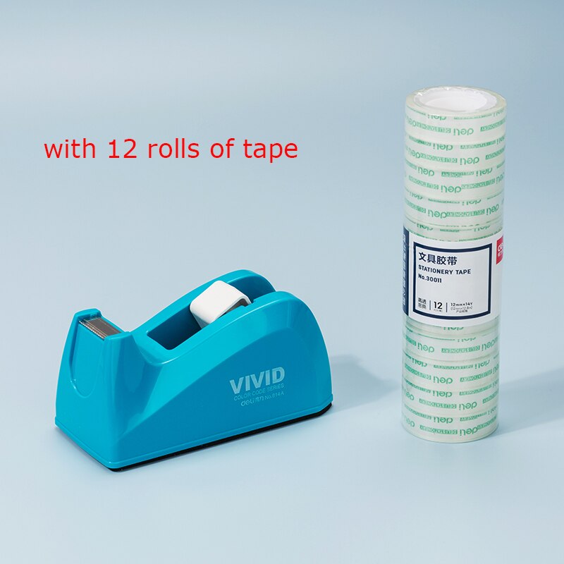DELI Cute Office Tape Dispenser Plastic Stationery Sealing Tape Cutter Washi Tape Storage Organizer Cutter Office Tape Dispen: Blue With  12 Tape